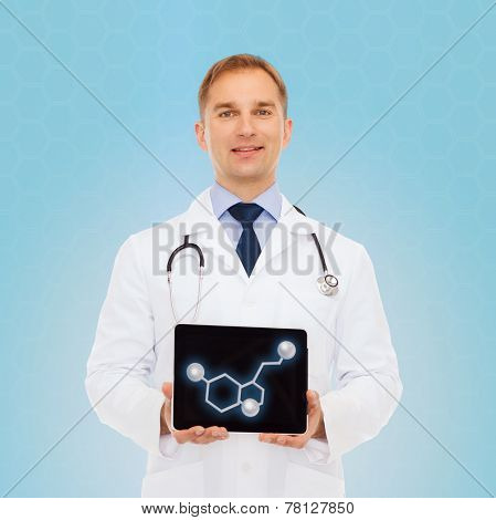 medicine, technology, people and biology concept - smiling male doctor showing tablet pc computer screen with molecular model over blue background