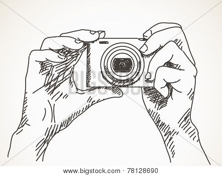 Sketch of hands with compact photo camera, Hand drawn illustration Vector, Isolated