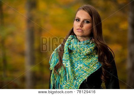 Blog Style Pretty Young Woman On A Walk In Forest On Late Autumn Day In Fashoinable Dress