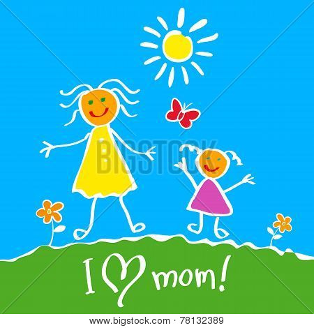 Kids Drawing. The Mother's Day vector heart happy