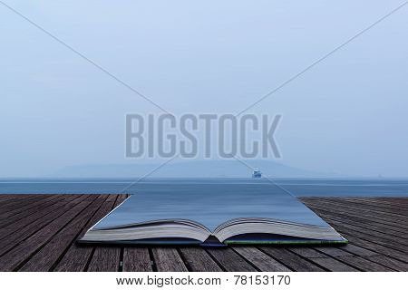 Image Of Single Freight Boat In Open Sea With Vast Open Space Conceptual Book Image