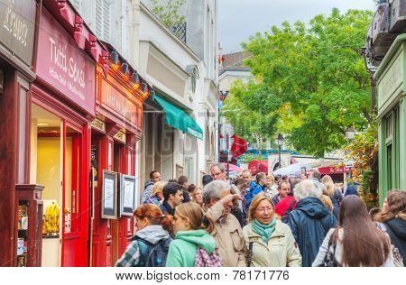 Crowded Street On The Montmartre Hill In Paris