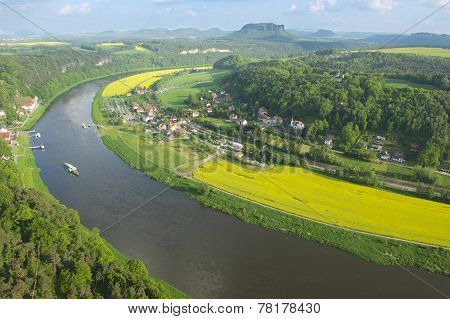 Panoramic view to Saxon Switzerland from Bastei, Rathen, Germany.