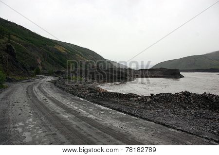 Gravel Road Kolyma State Highway At Outback Of Russia