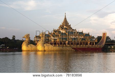 The Royal Floating Barge At Sunset, Karaweik Lake Yangon, Burma