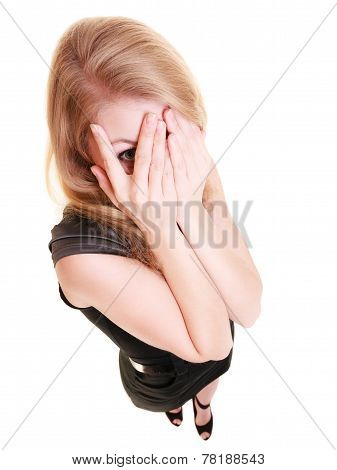 Shy Afraid Woman Peeking Through Fingers Isolated.