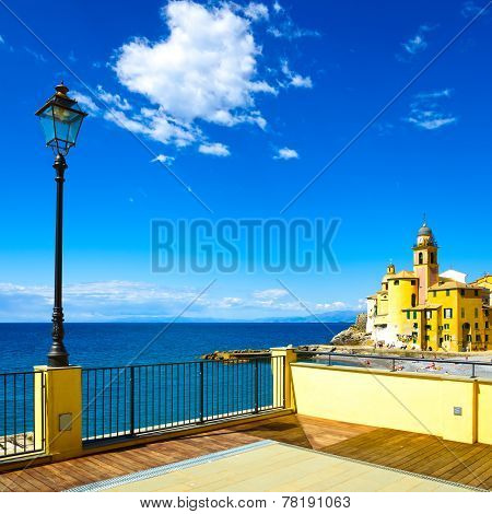 Camogli Church On Sea, Lamp And Terrace. Ligury, Italy