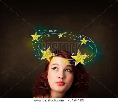 Young girl with yellow stars circleing around her head illustration