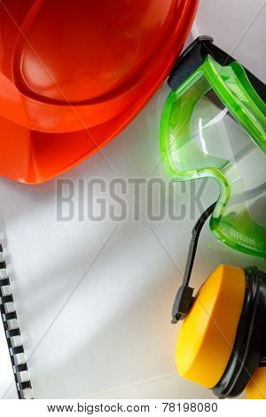 Safety Goggles, Earphones And Helmet