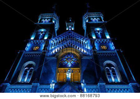 Various Night Lighting Of The Cathedral Millenium From Timisoara, Romania