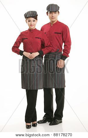 Wear all sorts of apron waiter standing in white background