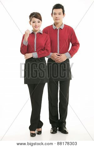 Wear all sorts of apron waiter standing in white background