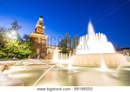Twilight Of Sforza Castle In Milan, Italy