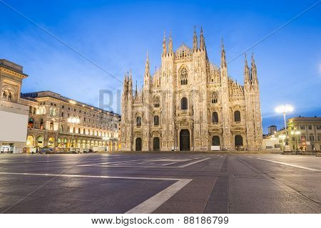 Twilight Of Duomo Milan Cathedral In Italy.