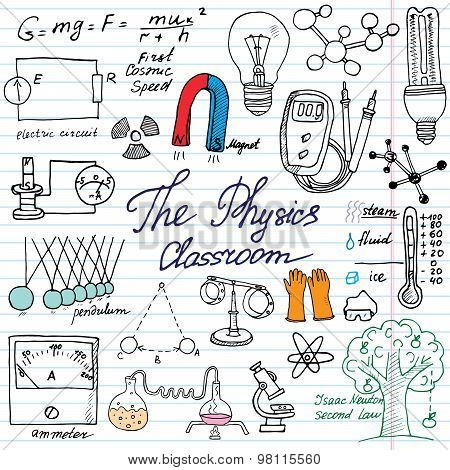 Physics And Science Elements Doodles Icons Set.