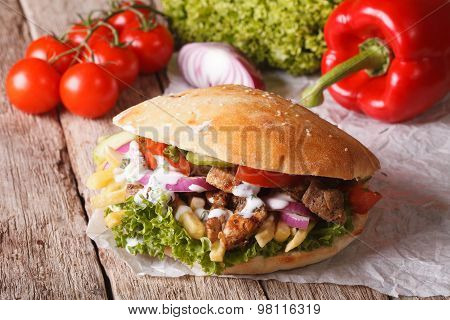 Fast Food: Doner Kebab With Meat, Vegetables And French Fries