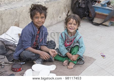 Poor Children On The Street In Leh, Ladakh, India