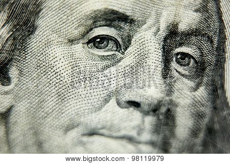 Macro close up of the US 100 dollar bill
