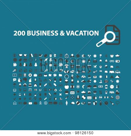 200 business organization, vacaton, travel flat isolated icons, signs, illustrations set, vector for web, application