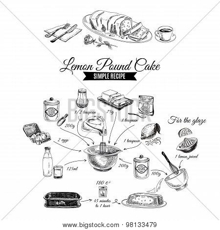Vector hand drawn lemon cake illustration. Sketch.