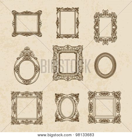 Vector vintage hand drawn set with picture frames.