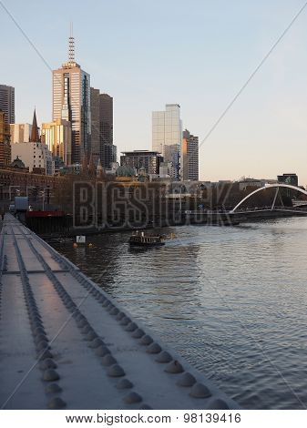 Melbourne CBD skyline from across the Yarra river Sandridge bridge
