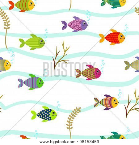 Colorful Sea Fishes. Seamless Pattern.