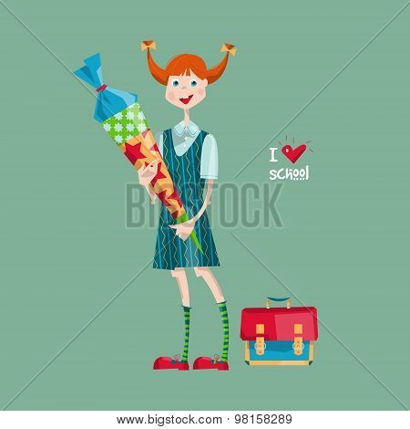 Schoolgirl With A Schultuete Cone. German Tradition. I Love School.
