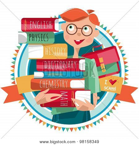 Boy With A Stack Of Books. I Love School.