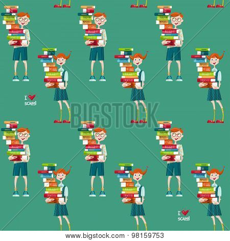 Boys And Girls With Stacks Of Books? I Love School. Seamless Background Pattern.