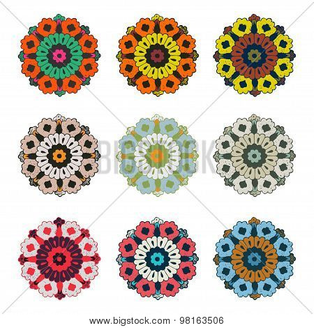 Vector round colorful flower vintage set circle lace on white background
