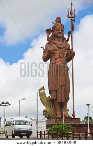 Exterior of the giant 33-meters Lord Shiva statue at Ganga Talao Hindu temple, Mauritius.