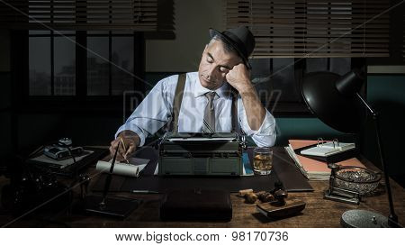 Professional Reporter Working Late At Night