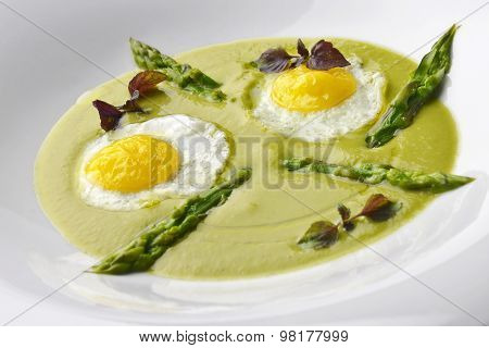 Appetizer Dish Of Asparagus Pureed Quail Eggs