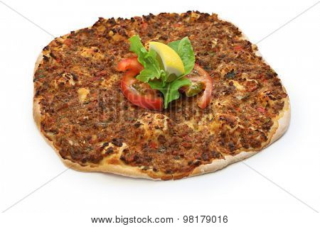 lahmacun, turkish minced meat pizza isolated on white background