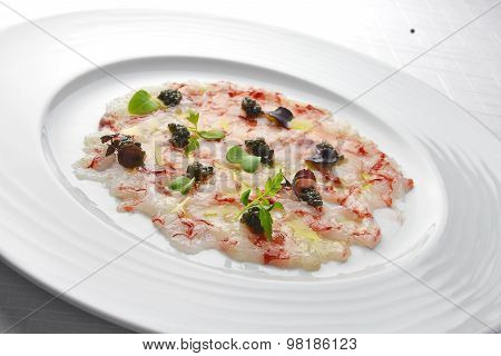 Fish Appetizer Carpaccio Of Red Prawns And Caviar