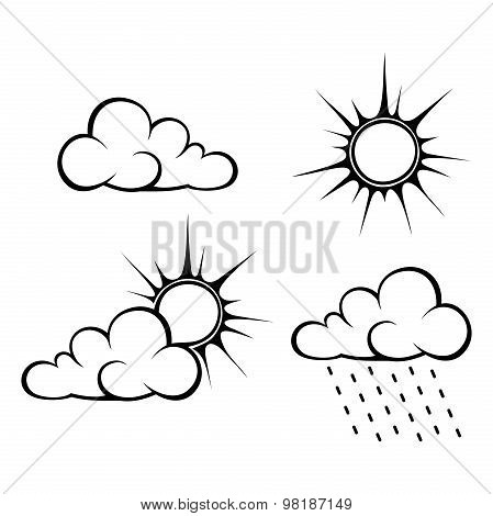 Black contours of clouds and sun. Vector illustration.