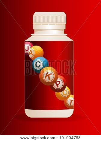 3D Illustration of Plastic Pills Bottle with Bingo Jackpot Balls Label Over Red Velvety Background