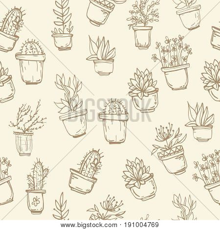 Seamless pattern with cactus. Pattern of cactus. Cacti in pots. Vector background. Cute cartoon cactus pattern.
