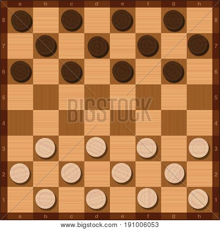 Draughts game, starting position of the twenty-four tokens, top view, wood grain style - vector illustration.