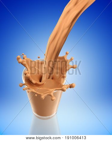 Splash of chocolate milk from the glass .Blue background. 3d rendering