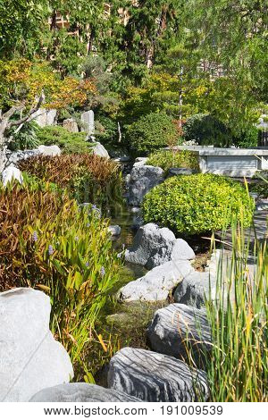 Monaco, Monte Carlo - September 17, 2016: Jardin Japonais, Japanese Garden view with residential buildings at the background.