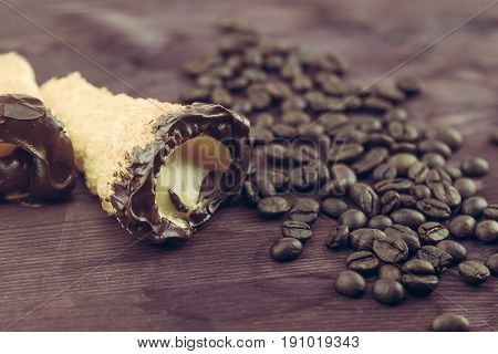 Delicious Sicilian Cannolo Cannellino Sweet With Pastry Hazelnut Near Coffee Beans