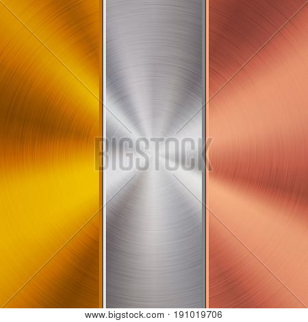 Metal gold, chrome and bronze technology background with polished, circular brushed texture, silver, steel, aluminum, copper for design concepts, wallpapers, web and prints. Vector illustration.