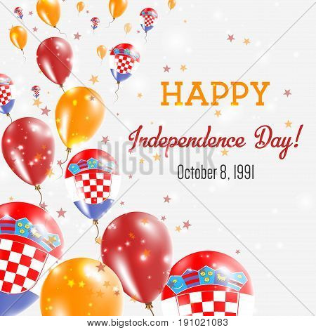 Croatia Independence Day Greeting Card. Flying Balloons In Croatia National Colors. Happy Independen