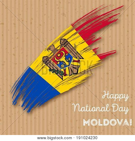 Moldova Independence Day Patriotic Design. Expressive Brush Stroke In National Flag Colors On Kraft