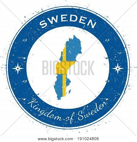 Sweden Circular Patriotic Badge. Grunge Rubber Stamp With National Flag, Map And The Sweden Written