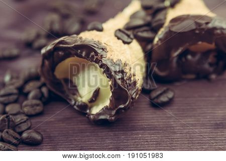 Delicious Sicilian Cannolo Cannellino Sweet With Pastry Hazelnut Near Coffee Beans