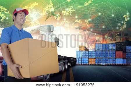 delivery man and card box and world wide logistic shipping business background