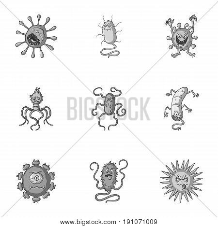 A set of pictures about bacteria and viruses. Germs that are harmful to humans. viruses and bacteria icon in set collection on monochrome style vector symbol stock web illustration.